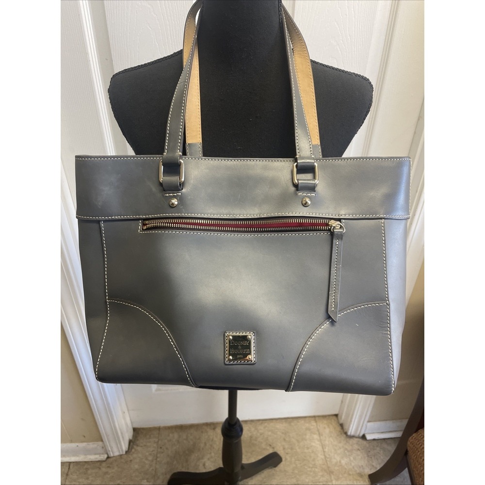 Dooney & Bourke Leather Tote Bag Gray Color Red Lining Modern With Dust Bag